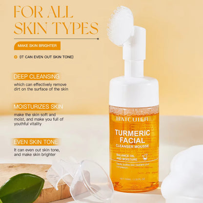 Glow Wash Turmeric Face Wash With Brush,Deep Cleansing Exfoliating Foaming Facial Cleanser