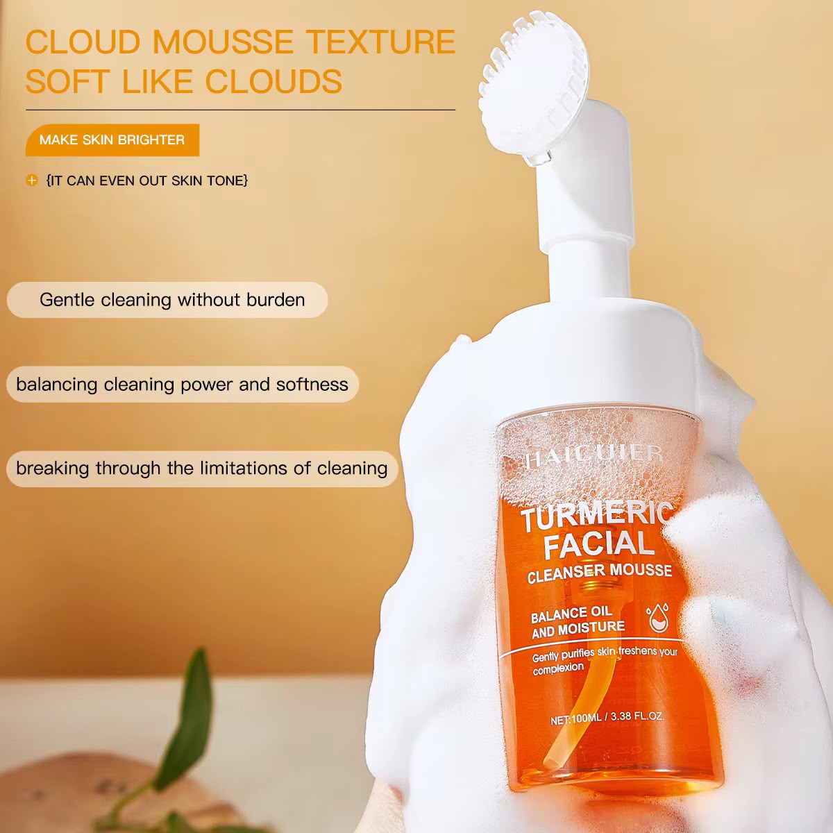 Glow Wash Turmeric Face Wash With Brush,Deep Cleansing Exfoliating Foaming Facial Cleanser
